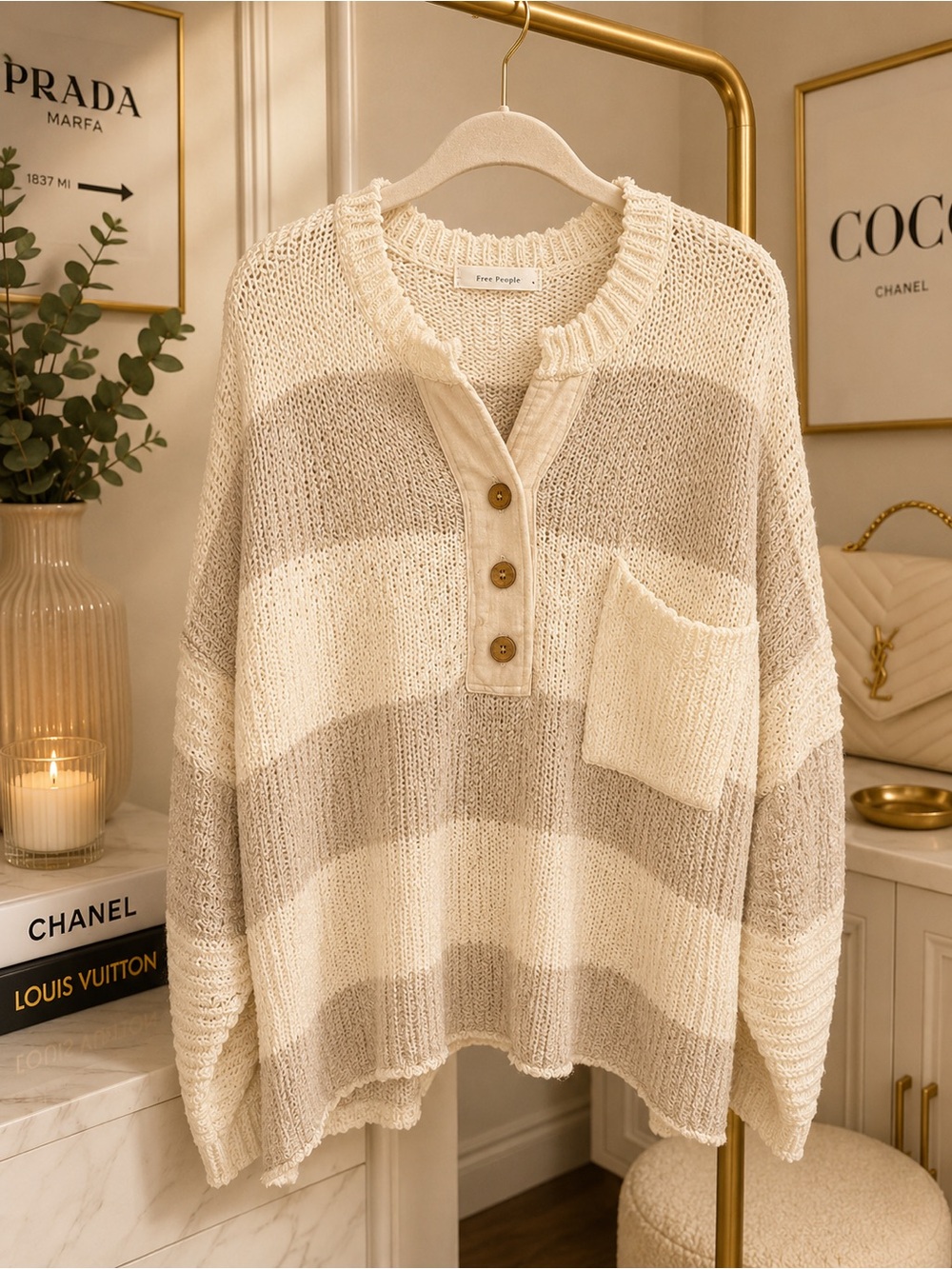 By Together Cream & Beige Striped Button-Placket Knit Pullover